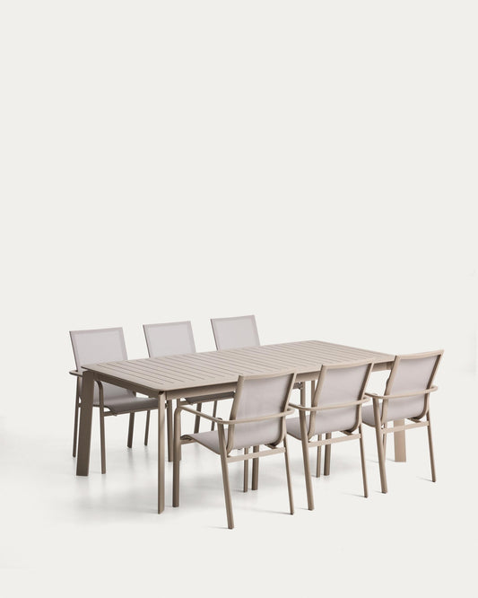 Set with Brela extendable table in taupe aluminium and 6 stackable Canea chairs in taupe aluminium and beige texteline 205(287)x100 cm