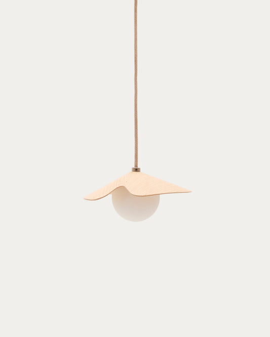 Wilara oak veneer ceiling lamp with 1 white smoked glass ball