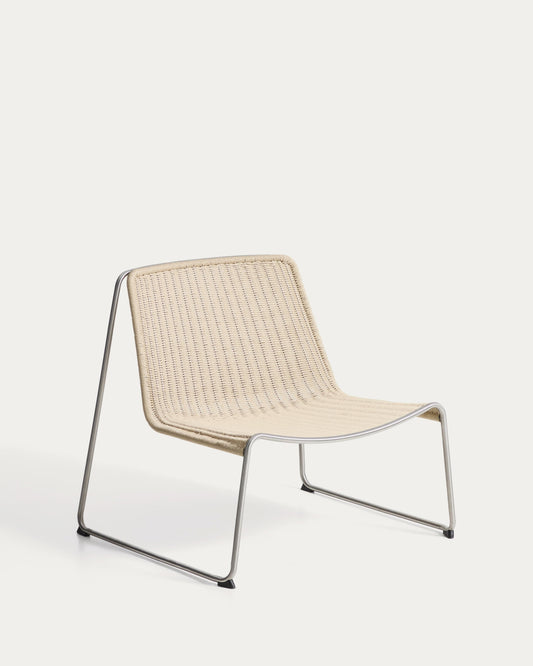 Tavari stackable armchair in beige synthetic rope cord and AISI 304 stainless steel with brushed finish