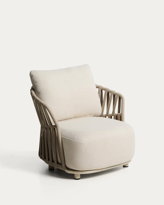 Osani armchair in ecru aluminium and taupe rope cord