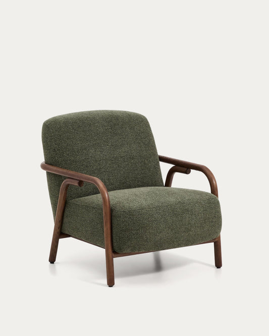 Sylo armchair in dark green chenille and solid ash wood with walnut-coloured finish FSC 100%