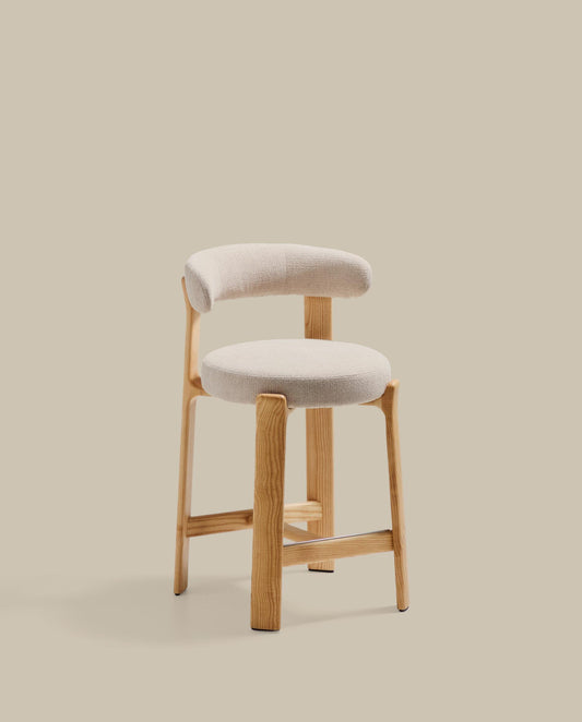 Granite stool in beige chenille and solid ash wood with natural tone finish FSC 100% 65cm