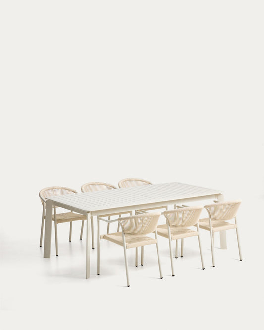 Set with Brela aluminium extendable table and 6 Livadia stackable chairs in ecru aluminium and synthetic rope cord 205(287) x 100cm