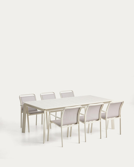 Set with Brela extendable table in ecru aluminium and 6 Luri chairs in ecru aluminium and beige texteline 205(287)x100cm