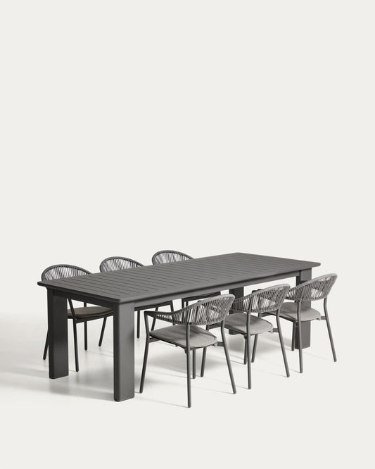 Livorno extendable table set in graphite aluminium with 6 Alimia chairs in graphite aluminium and grey synthetic rope cord 233 (350) x 100cm