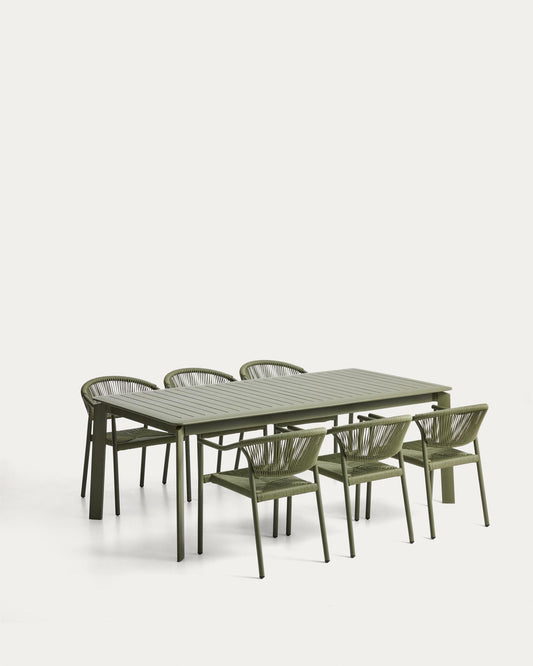 Set with Brela aluminium extendable table and 6 Livadia stackable chairs in green aluminium and synthetic rope cord 205(287) x 100cm
