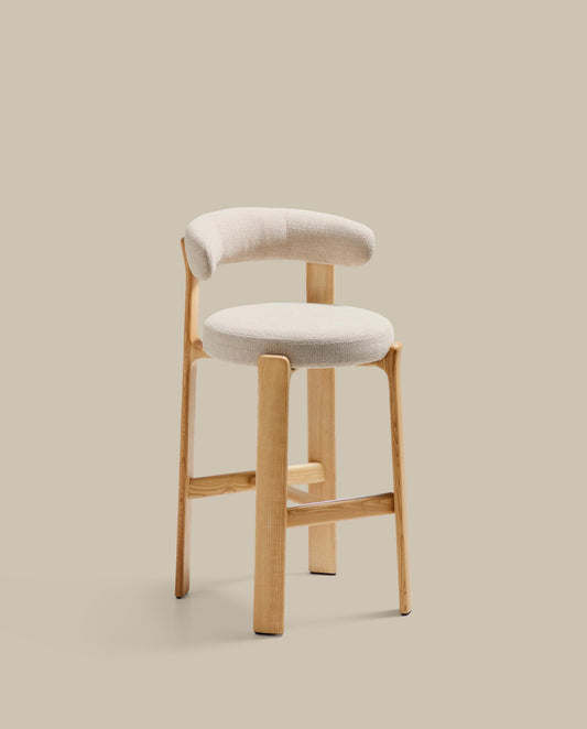 Granite stool made of beige chenille and solid ash wood with natural tone finish FSC 100% 75cm
