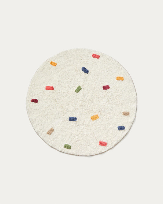 Epifania round rug 100% cotton white with multicoloured dots Ø 120 cm