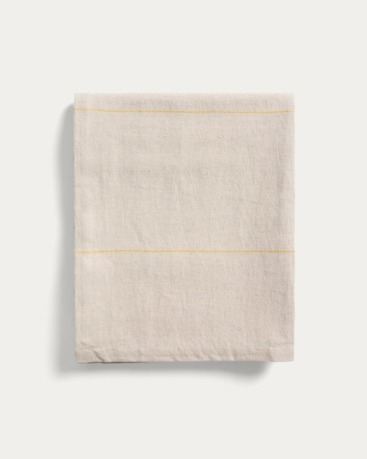 Ulaen beige cotton and linen tablecloth with yellow stripes 170 x 250cm