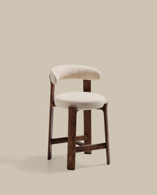 Granite stool in beige chenille and solid ash wood with walnut-coloured finish FSC 100% 65cm
