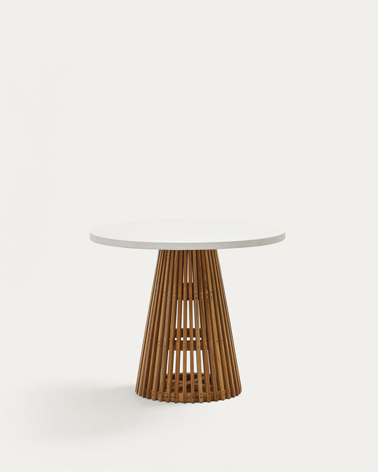 Alcaufar round outdoor table made of solid teak wood and white cement Ø 90 cm