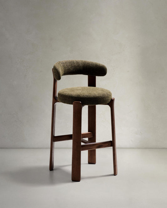 Granite stool in green chenille and solid ash wood with walnut-coloured finish FSC 100% 75cm