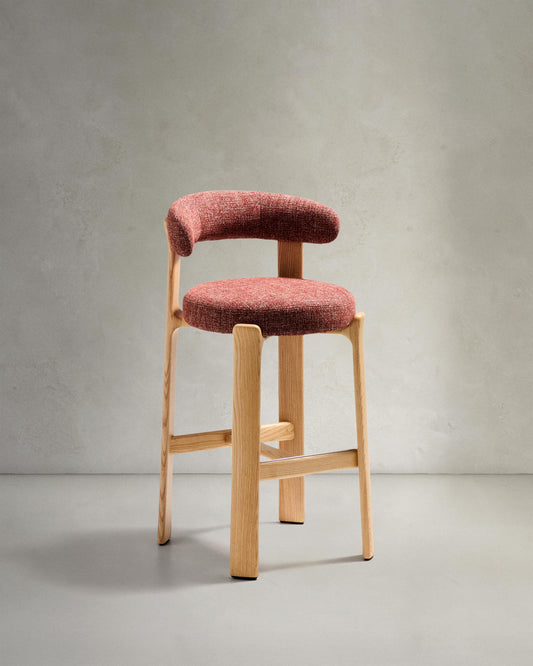 Granite stool in terracotta chenille and solid ash wood with natural tone finish FSC 100% 75cm