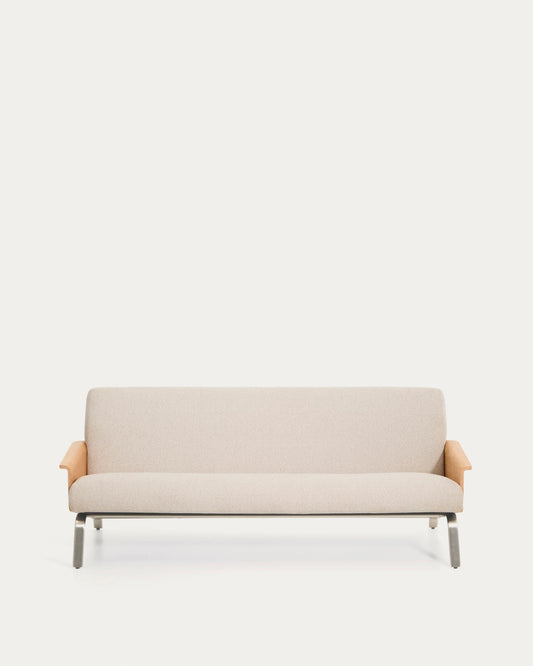 Amsen beige chenille 3-seater sofa in oak plywood with brushed stainless steel legs 205cm