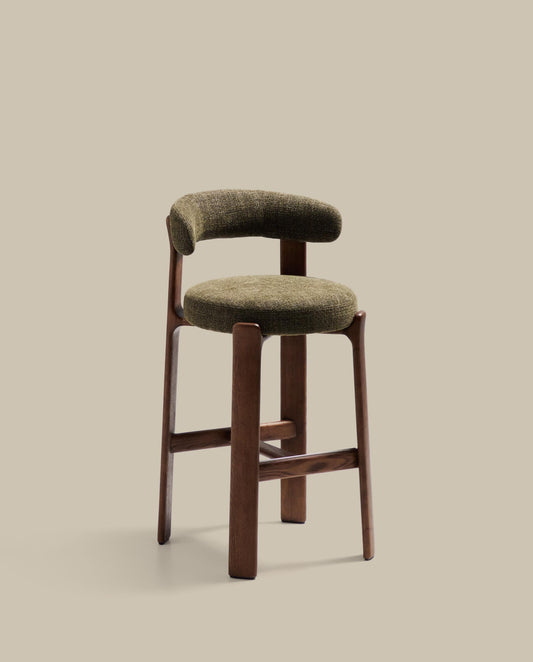 Granite stool in green chenille and solid ash wood with walnut-coloured finish FSC 100% 75cm