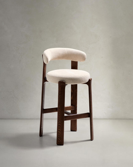 Granite stool in beige chenille and solid ash wood with walnut-coloured finish FSC 100% 75cm
