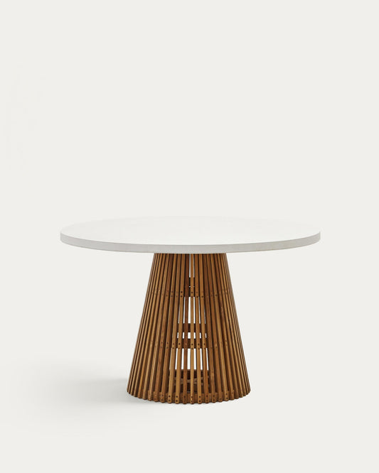 Alcaufar round outdoor table made of solid teak wood and white cement Ø 120 cm