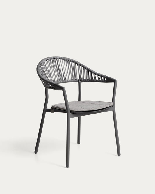 Alimia stackable outdoor chair in graphite aluminium with grey synthetic rope