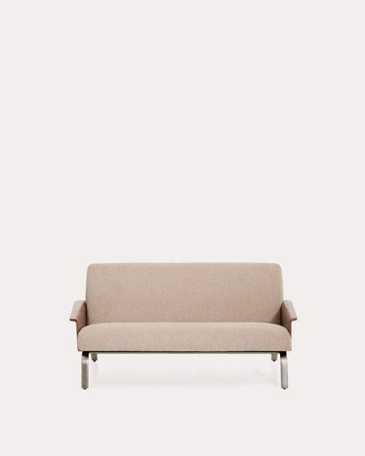 Amsen light brown 2-seater sofa in walnut plywood with brushed stainless steel legs 165cm