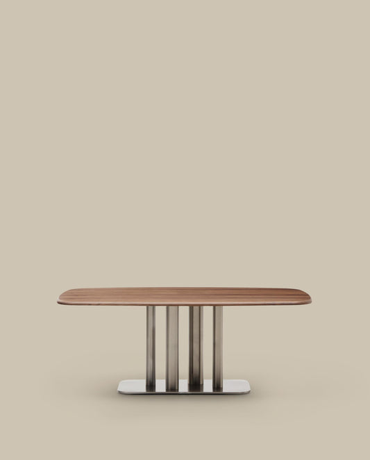 Melvar table made from walnut veneer and legs with brushed stainless steel base 180 x 100cm