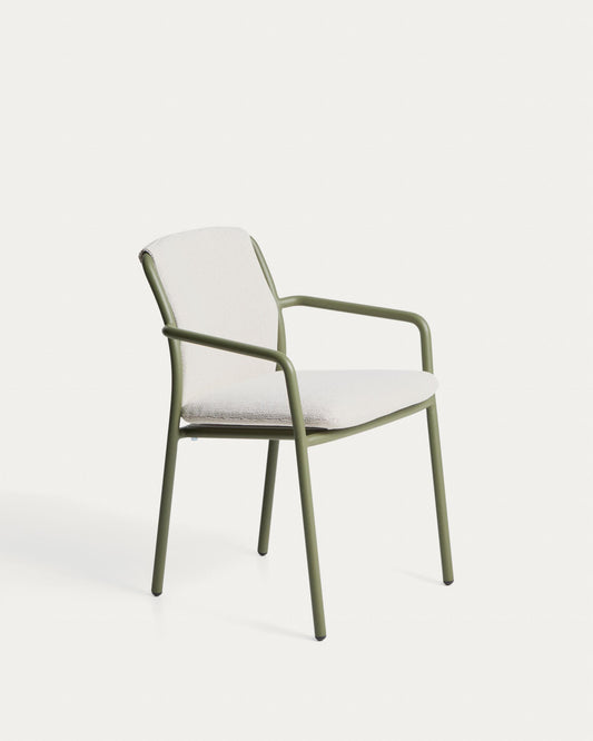 Linosa stackable outdoor chair in green aluminium with beige cushion