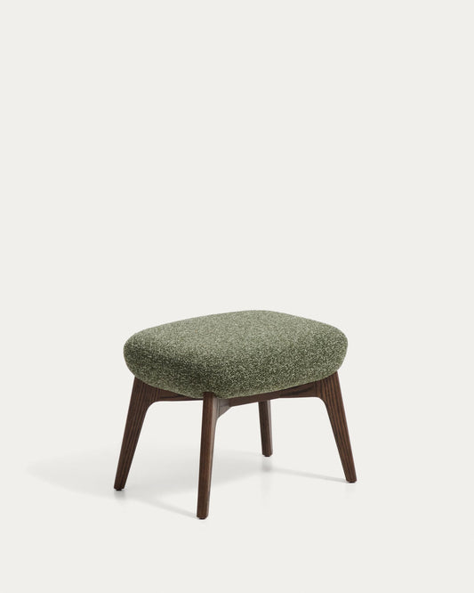 Adiran footrest in moss green thick chenille with solid oak wood legs with a walnut finish