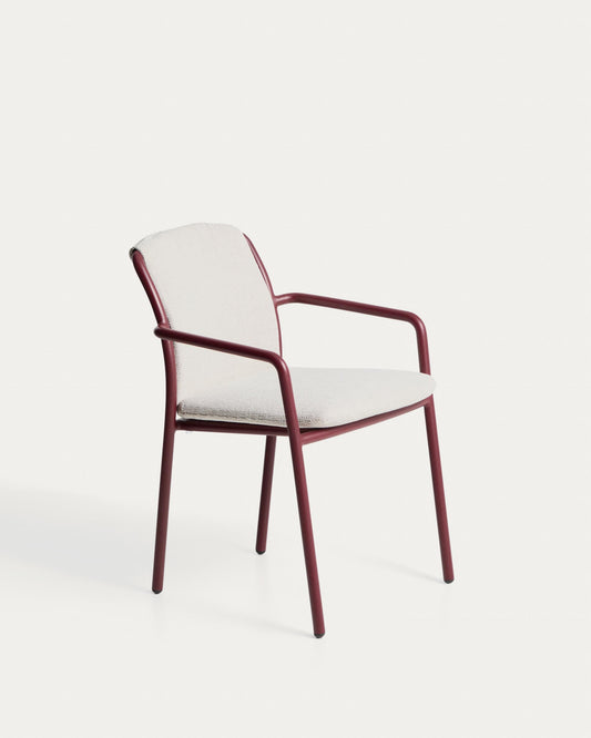 Linosa stackable outdoor chair in burgundy aluminium with beige cushion