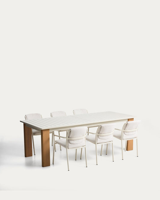Set Livorno extendable table beige aluminium with wood-effect legs and 6 Linosa stackable chairs ecru aluminium with beige cushion 233(350)x100 cm