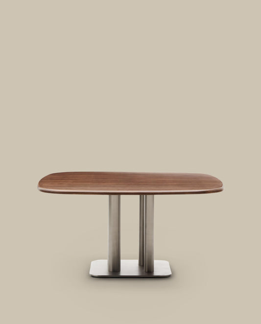 Melvar table made from walnut veneer and legs with brushed stainless steel base 150 x 150cm