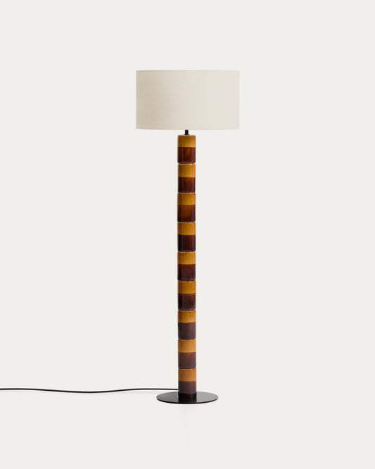 Mavran floor lamp with brown and mustard ceramic base and cotton lampshade