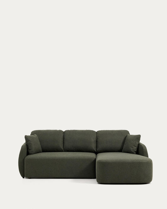 Laira 3-seater sofa bed with right chaise longue in dark green chenille 246cm FSC Mix Credit