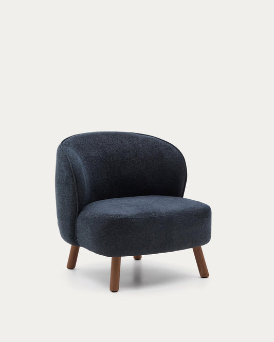 Ulit armchair in blue-grey chenille with solid ash wood legs with walnut finish