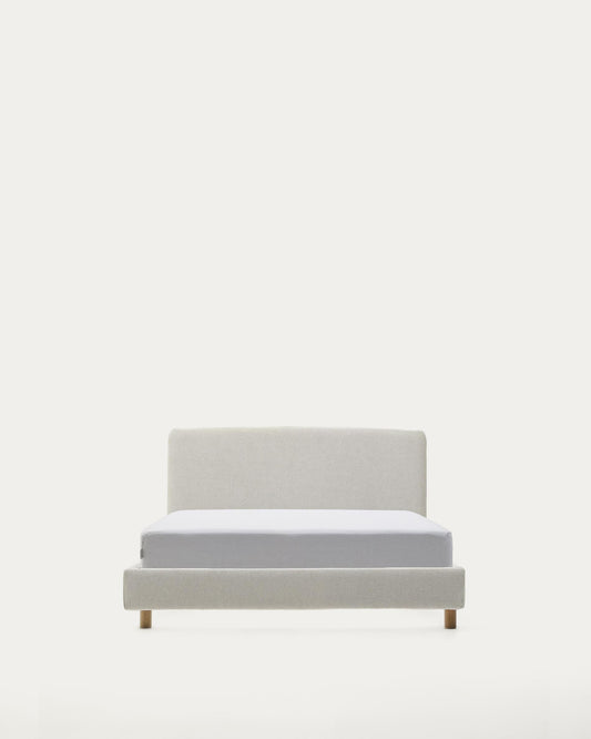 Pearl chenille Valma bed with removable cover and solid beech wood legs for a 90 x 200 cm mattress