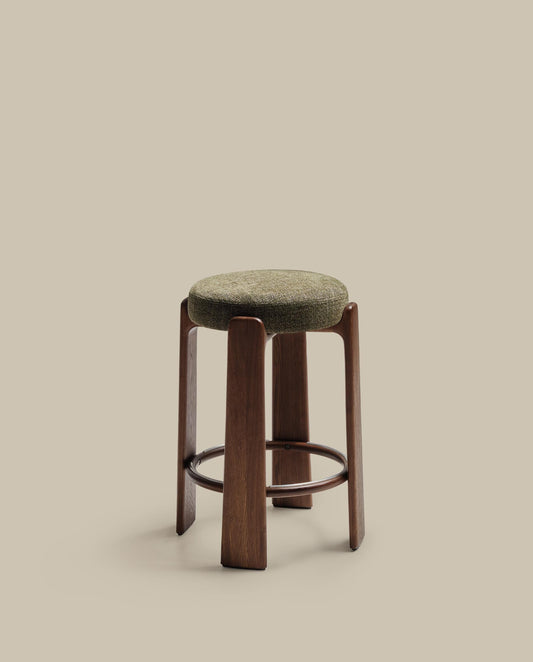 Granite stool in green chenille and solid ash wood with walnut-coloured finish FSC 100% 75cm