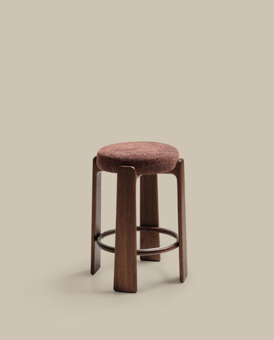 Granite stool in brown chenille and solid ash wood with walnut-coloured finish FSC 100% 75cm
