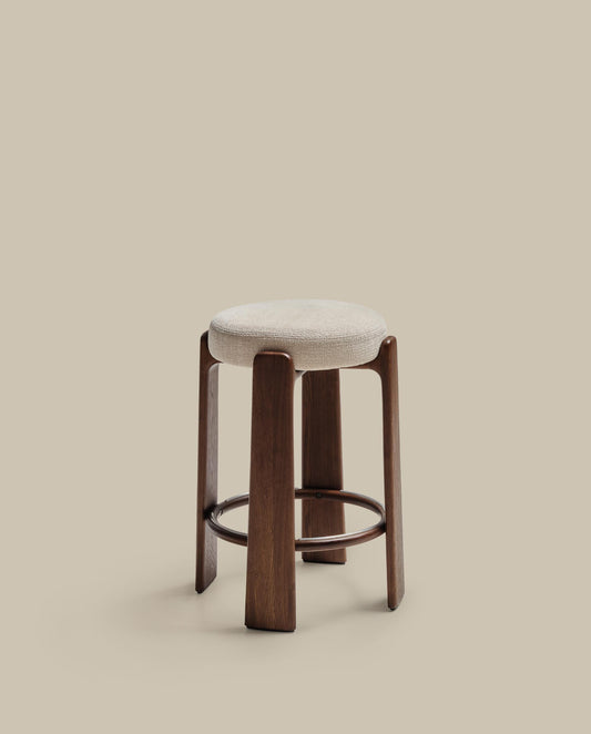 Granite stool in beige chenille and solid ash wood with walnut-coloured finish FSC 100% 75cm