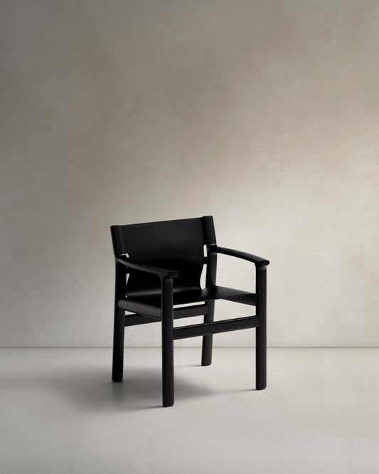 Jan chair made of black recycled leather fibres and FSC 100% solid ash wood with black finish