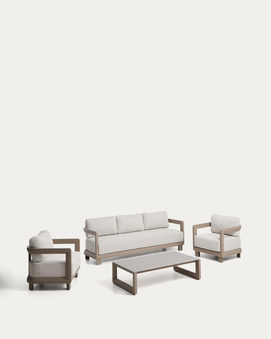 Nerano set with 3-seater sofa, 2 armchairs and coffee table in tempered glass and taupe aluminium