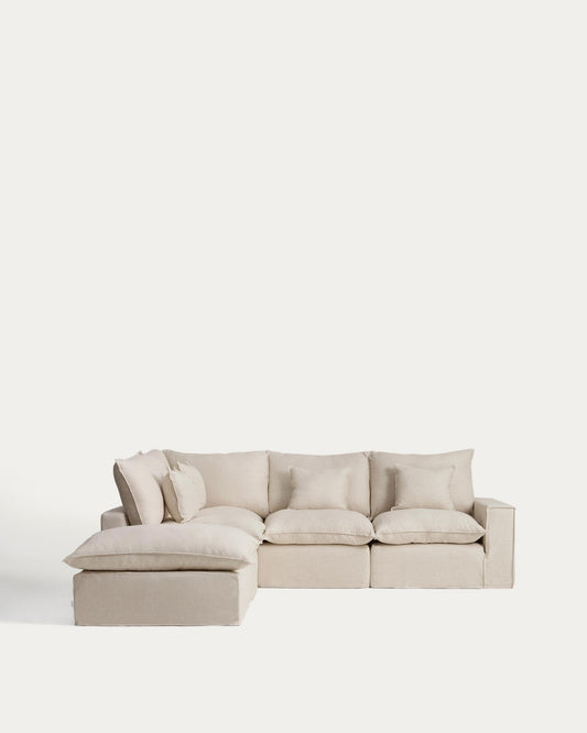 Anarela beige linen and viscose 4-seater modular corner sofa with removable cover 287 x 307 cm FSC Mix Credit