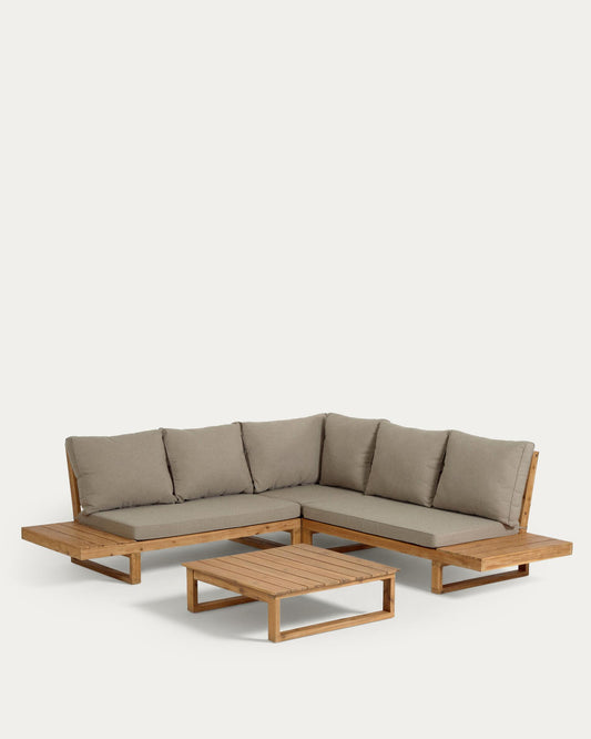 Flaviina 5 seater solid acacia wood corner sofa set with table