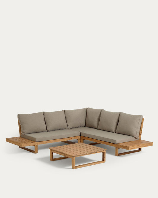 Flaviina 5 seater solid acacia wood corner sofa set with table