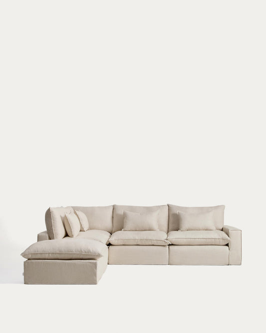 Anarela beige linen and viscose 6-seater modular corner sofa with removable cover 307 x 347 cm FSC Mix Credit