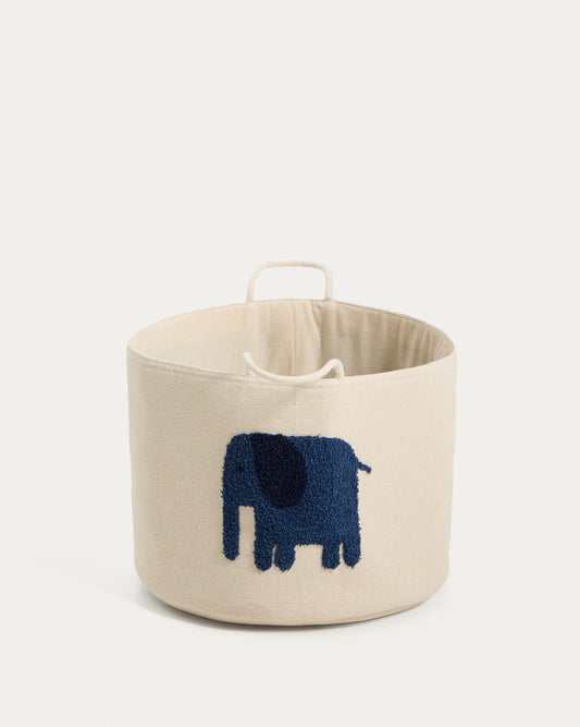 Tandani beige cotton basket with blue elephant 30cm