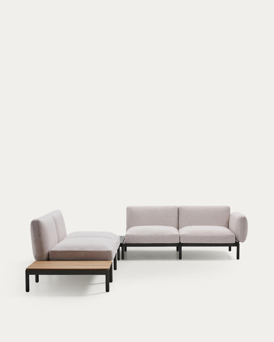 Sorells outdoor modular 4-seater corner sofa with beige upholstery and grey aluminium with teak table 353 x 316.5cm FSC 100%
