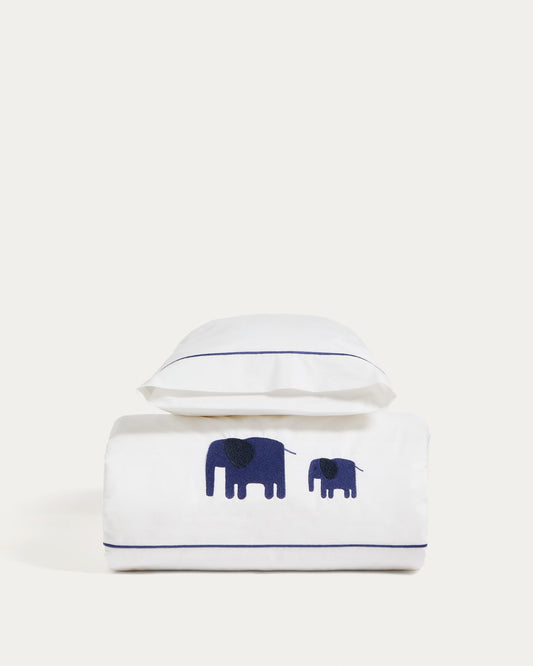 Tandari duvet cover and pillowcase set in beige cotton percale with embroidered elephant for convertible cot