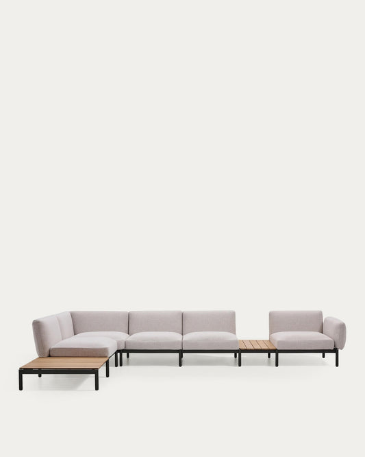 Sorells outdoor modular 5-seater corner sofa with beige upholstery and grey aluminium with teak tables 277 x 446cm FSC 100%
