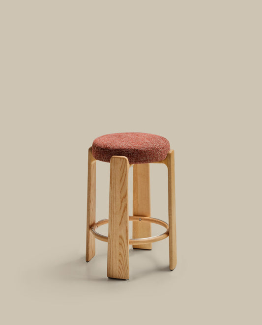 Granite stool in terracotta chenille and solid ash wood with a natural tone finish FSC 100% 75cm