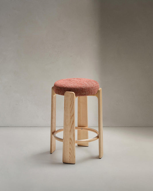 Granite stool in terracotta chenille and solid ash wood with a natural tone finish FSC 100% 75cm