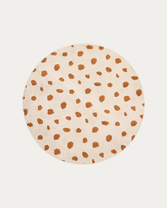 Tandani beige cotton round rug with orange cheetah design Ø 100cm
