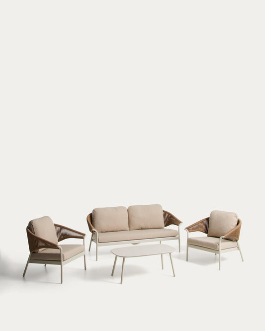 Zuara set with 3-seater sofa, 2 armchairs and outdoor table in ecru aluminium and brown synthetic rope cord